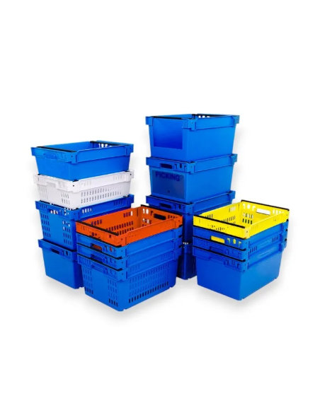 Bac fond plein et parois ajourées, emboîtable et gerbable sur rabats 600x400x300mm